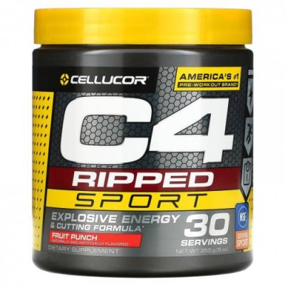 Cellucor, C4 Ripped Sport, перед тренировкой, фруктовый пунш, 255 г (9 унций) / Кофеин | Аптека | V4.Ru: Маркетплейс