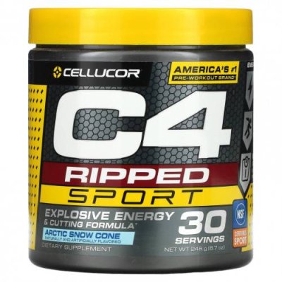 Cellucor, C4 Ripped Sport, перед тренировкой, Arctic Snow Cone, 246 г (8,7 унции) / Кофеин | Аптека | V4.Ru: Маркетплейс