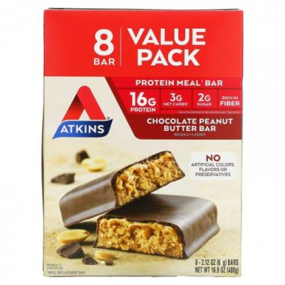 Atkins, Protein Meal Bar, протеиновые батончики, шоколад и арахисовая паста, 8 батончиков по 60 г (2,12 унции) / Питательные батончики | Аптека | V4.Ru: Маркетплейс