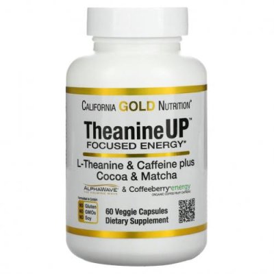 California Gold Nutrition, TheanineUP, сфокусированная энергия, L-теанин и кофеин, 60 растительных капсул L-теанин / Аптека | V4.Market