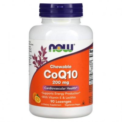 NOW Foods, жевательный коэнзим Q10, 200 мг, 90 пастилок Коэнзим Q10 (CoQ10) / Аптека | V4.Market