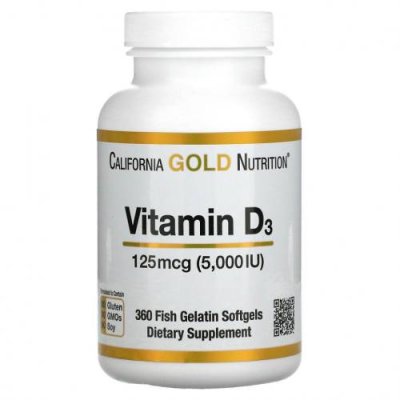 California Gold Nutrition, витамин D3, 125 мкг (5000 МЕ), 360 капсул из рыбьего желатина D3 (холекальциферол) / Аптека | V4.Market