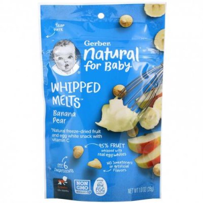 Gerber, Whipped Melts, Banana Pear, Crawler, 10+ Months, 1.0 oz (28 g) Снеки, батончики и продукты, которые едят руками / Аптека | V4.Market