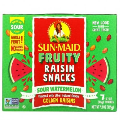 Sun-Maid, Fruity Raisin Snacks, кислый арбуз, 7 пакетиков по 20 г (0,7 унции) Изюм / Аптека | V4.Market