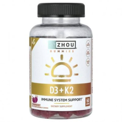 Zhou Nutrition, K2 + D3, клубника, 60 жевательных таблеток Витамин К / Аптека | V4.Market