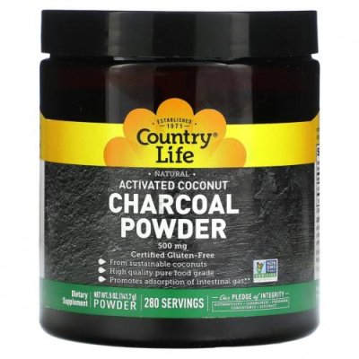 Country Life, Natural Activated Coconut Charcoal Powder, 500 mg, 5 oz (141.7 g) Древесный уголь / Аптека | V4.Market