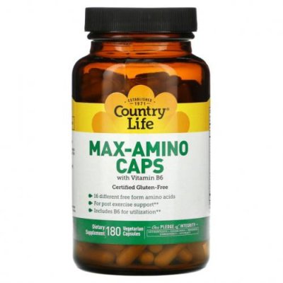 Country Life, Max-Amino Caps, с витамином B-6, 180 вегетарианских капсул Смеси аминокислот / Аптека | V4.Market