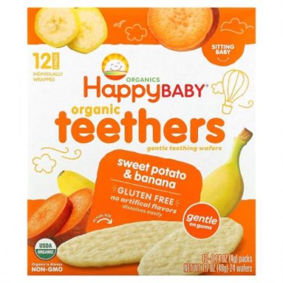 Happy Family Organics, органические вафли для прорезывания зубов, для малышей, умеющих сидеть, батат и банан, 12 пакетиков по 4 г (0,14 унции) Вафли для прорезывания зубов / Аптека | V4.Market