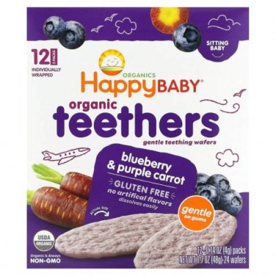 Happy Family Organics, Organic Teethers, вафли для мягкого прорезывания зубов у сидящих малышей, голубика и фиолетовая морковь, 12 пакетиков по 4 г (0,14 унции) Вафли для прорезывания зубов / Аптека | V4.Market