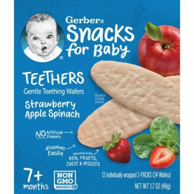 Gerber, прорезыватели, вафли для мягкого прорезывания зубов, для малышей от 7 месяцев, клубника, яблоко и шпинат, 12 пакетиков, по 2 вафли в каждом Вафли для прорезывания зубов / Аптека | V4.Market