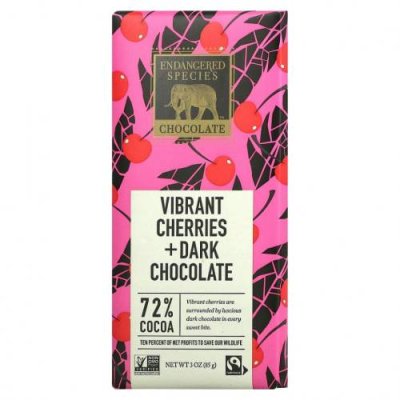 Endangered Species Chocolate, Яркая вишня + темный шоколад, 72% какао, 3 унции (85 г) Шоколад / Аптека | V4.Market