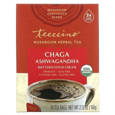 Teeccino, чай из грибов и трав, органическая чага, ашвагандха, «Жидкий ирис», без кофеина, 10 чайных пакетиков, 60 г (2,12 унции) Травяной чай / Аптека | V4.Market