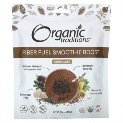 Organic Traditions, Fiber Fuel Smoothie Boost, шоколад, 300 г (10,6 унции) Волокнистые смеси / Аптека | V4.Market