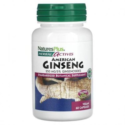 NaturesPlus, Herbal Actives, американский женьшень, 250 мг, 60 веганских капсул Женьшень / Аптека | V4.Market