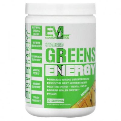 EVLution Nutrition, Stacked Greens Energy, манго, 204 г (7,2 унции) Зеленые смеси / Аптека | V4.Market