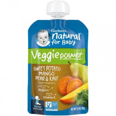 Gerber, Natural for Baby, Veggie Power, 2nd Foods, батат, манго, груша и капуста, 99 г (3,5 унции) Еда в пакетах, пюре и другие блюда / Аптека | V4.Market