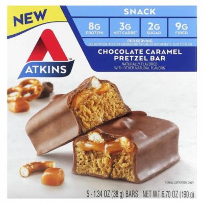 Atkins, Snack, шоколадно-карамельный крендель, 5 батончиков по 38 г (1,34 унции) Шоколад / Аптека | V4.Market