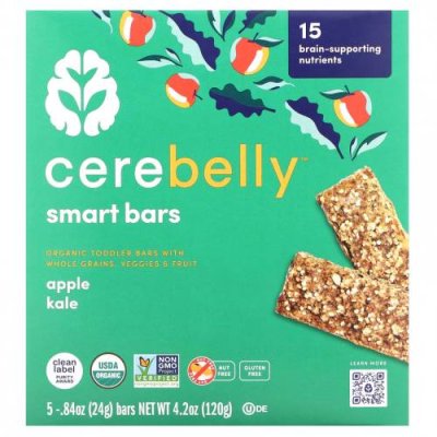 Cerebelly, Smart Bars, Organic Toddler Bars, Apple Kale, 5 Bars, 0.84 oz (24 g) Each Снеки, батончики и продукты, которые едят руками / Аптека | V4.Market