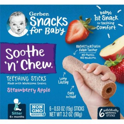 Gerber, Snacks for Baby, Soothe 'n' Chew, палочки для прорезывания зубов, от 6 месяцев, клубничное яблоко, 6 палочек в индивидуальной упаковке, 15 г (0,53 унции) каждый Вафли для прорезывания зубов / Аптека | V4.Market