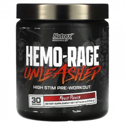 Nutrex Research, Hemo-Rage, Unleashed, предтренировочный комплекс с высокой стимуляцией, фруктовый пунш, 179,8 г (6,34 унции) Стимуляторы / Аптека | V4.Market