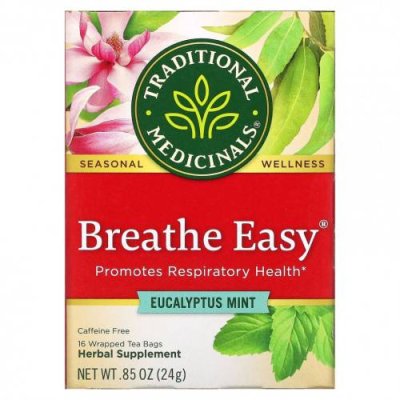 Traditional Medicinals, Breathe Easy, эвкалипт и мята, без кофеина, 16 чайных пакетиков в упаковке, 24 г (0,85 унции) Лечебные чаи / Аптека | V4.Market