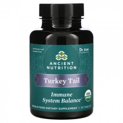 Dr. Axe / Ancient Nutrition, Turkey Tail, для поддержания баланса иммунной системы, 30 таблеток Траметес разноцветный / Аптека | V4.Market