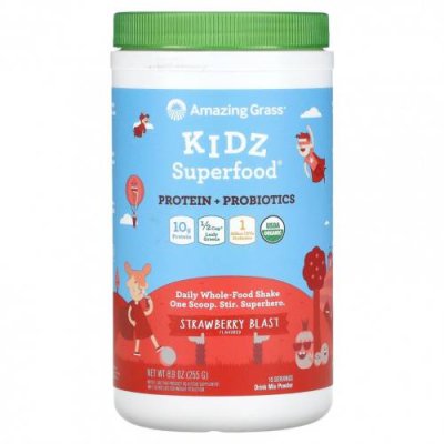 Amazing Grass, Kidz Superfood, протеин и пробиотики, клубничный взрыв, 255 г (8,9 унции) Пробиотики для детей / Аптека | V4.Market