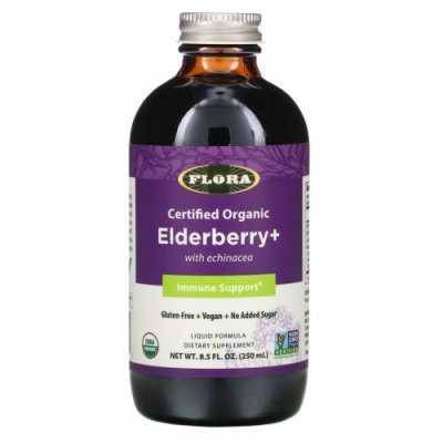 Flora, Certified Organic Elderberry +, 8.5 fl oz (250 ml) Бузина (Sambucus) / Аптека | V4.Market