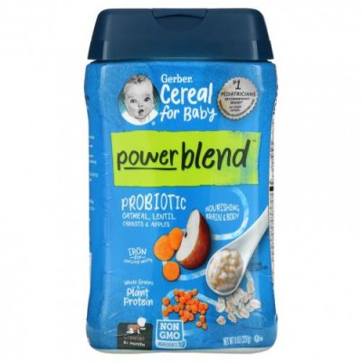 Gerber, Powerblend Cereal for Baby, Probiotic Oatmeal, Lentil, Carrots & Apples, Crawler, 8+ Months, 8 oz (227 g) Хлопья для детей / Аптека | V4.Market