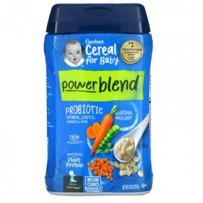 Gerber, Powerblend Cereal for Baby, Probiotic Oatmeal, Lentil, Carrots & Peas, Sitter, 8 oz (227 g) Хлопья для детей / Аптека | V4.Market