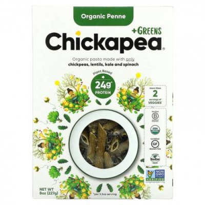 Chickapea, Органический пенне + зелень, 227 г (8 унций) Паста / Аптека | V4.Market