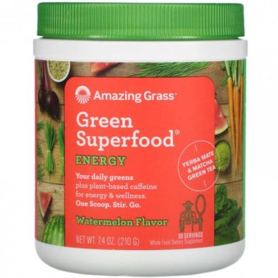 Amazing Grass, Green Superfood, Энергия, Арбуз, 7,4 унции (210 г) Смеси зелени и суперфудов / Аптека | V4.Market