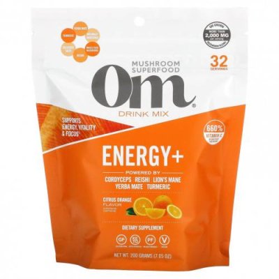 Om Mushrooms, Energy + Drink Mix, цитрусовый и апельсин, 200 г (7,05 унции) Грибные смеси / Аптека | V4.Market