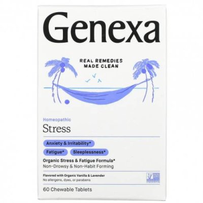 Genexa, Stress, органическая формула для снятия стресса и усталости, органические ваниль и лаванда, 60 жевательных таблеток Натуральные препараты / Аптека | V4.Market