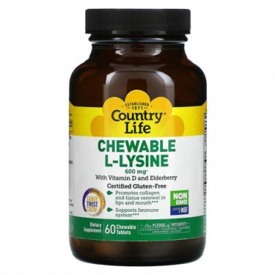 Country Life, Chewable L-Lysine, With Vitamin D and Elderberry, 300 mg, 60 Chewable Tablets L-лизин / Аптека | V4.Market