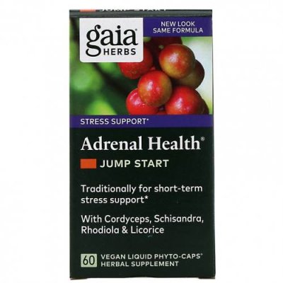 Gaia Herbs, Adrenal Health, Jump Start, 60 веганских фитокапсул с жидкостью Адаптогены / Аптека | V4.Market