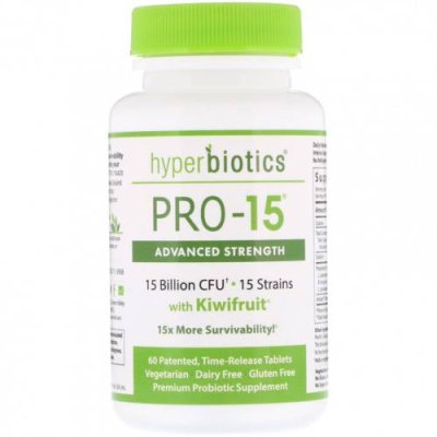 Hyperbiotics, PRO-15, сила в сочетании с плодами киви, 60 запатентованных таблеток с эффектом медленного высвобождения Пробиотики / Аптека | V4.Market