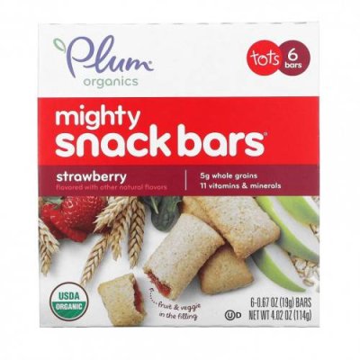 Plum Organics, Mighty Snack Bars, для малышей, клубничный вкус, 6 батончиков по 19 г (0,67 унции) Снеки, батончики и продукты, которые едят руками / Аптека | V4.Market