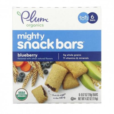 Plum Organics, Mighty Snack Bars, для малышей, голубика, 6 батончиков по 19 г (0,67 унции) каждый Снеки, батончики и продукты, которые едят руками / Аптека | V4.Market