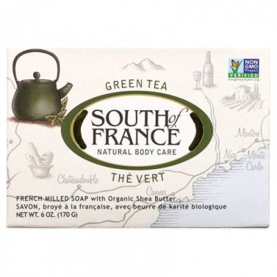 South of France, Green Tea, Кусковое мыло французского измельчения с органическим маслом ши, 6 унций (170 г) Кусковое мыло с маслом ши / Аптека | V4.Market