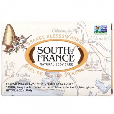 South of France, Orange Blossom Honey, French Milled Bar Soap with Organic Shea Butter, 6 oz (170 g) Кусковое мыло с маслом ши / Аптека | V4.Market