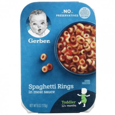 Gerber, Spaghetti Rings in Meat Sauce, Toddler, 12+ Months , 6 oz (170 g) Еда в пакетах, пюре и другие блюда / Аптека | V4.Market