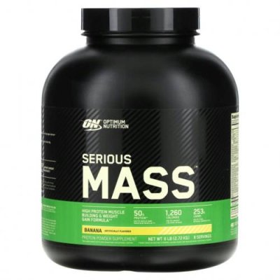 Optimum Nutrition, Serious Mass, порошок для набора веса (гейнер) с высоким содержанием протеина, вкус банан, 2720 г (6 lb) Гейнеры / Аптека | V4.Market