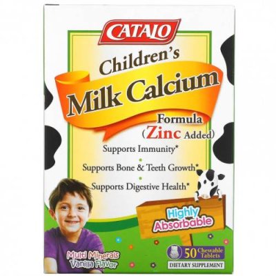 Catalo Naturals, Children's Milk Calcium Formula, ваниль, 50 жевательных таблеток Кальций для детей / Аптека | V4.Market