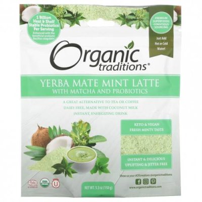 Organic Traditions, Мятный латте Yerba Mate с матча и пробиотиками, 150 г (5,3 унции) Чай мате / Аптека | V4.Market