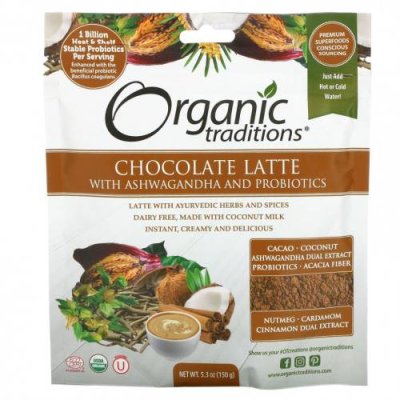 Organic Traditions, Шоколадный латте с ашвагандой и пробиотиками, 150 г (5,3 унции) Горячий шоколад и какао / Аптека | V4.Market