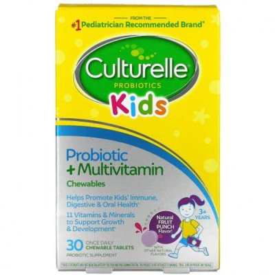 Culturelle, Для детей, жевательные таблетки с пробиотиками и мультивитаминами, для детей от 3 лет, натуральный фруктовый пунш, 30 жевательных таблеток / Детские мультивитамины | Аптека | V4.Ru: Маркетплейс