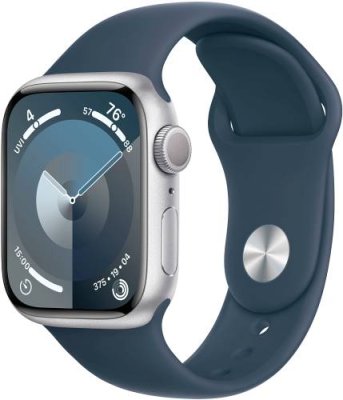 Apple Watch Series 9, 45 мм, корпус из алюминия серебристого цвета, спортивный ремешок цвета «грозовой синий», размер M/L / Watch Series 9 | Электроника | V4.Ru: Маркетплейс